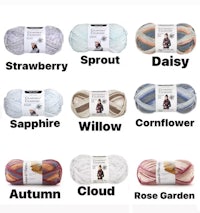 a variety of yarns with different colors and names